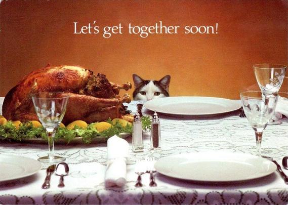 This humorous postcard shows a neatly set dinner table prepared for a festive meal, with a large roasted turkey placed prominently at the center. Crystal glasses, white plates, folded napkins, and polished silverware create a formal and inviting setting. Behind the turkey, a black-and-white cat peeks just above the table’s edge, its curious eyes fixed on the feast. Against a warm orange background, the caption “Let’s get together soon!” adds a friendly, lighthearted touch—suggesting both a holiday gathering and the cat’s mischievous anticipation. The result is a charming blend of humor, warmth, and seasonal hospitality.