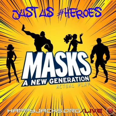An ad card for the Just Us Heroes AP from the Happy Jacks RPG Network. It features the title and the silhouettes of four superheroes.