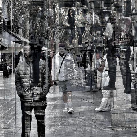 Barcelona digital edited double exposure street photography, made with the GNU Image Manipulation Program.