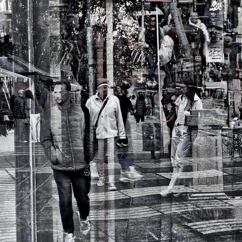Barcelona digital edited double exposure street photography, made with the GNU Image Manipulation Program.