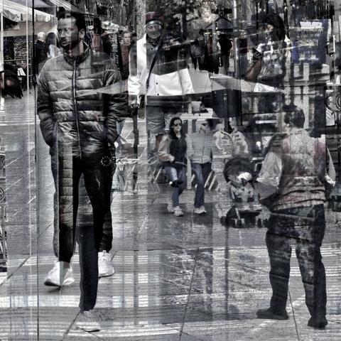 Barcelona digital edited double exposure street photography, made with the GNU Image Manipulation Program.