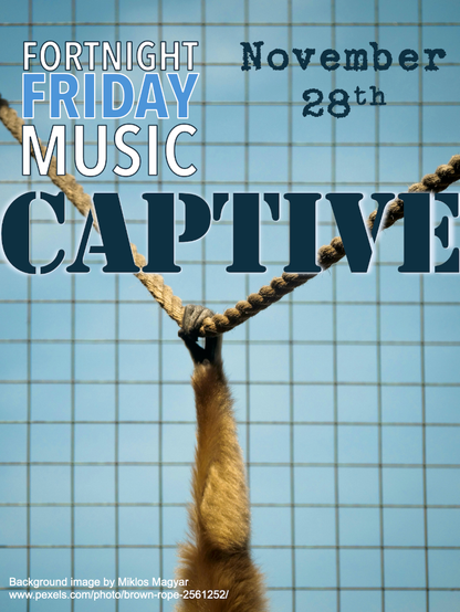 Fortnight Friday Music for Friday November 28th, with the theme "Captive".
The title "Fortnight Friday Music" is in the top left, using three lines, one for each word. The date "November 28th" in the top right, using two lines. Below these and about halfway down is the theme "Captive" across the image. The background image shows a monkey's hand gripping a thick rope, which forms a vee-shape from the weight of the monkey. The monkey's arm is in a straight line down from the rope, so the combination forms a "Y" shape. The grid-like frame of the monkey's cage is slightly out of focus in the background, and blue sky can be seen beyond the cage.
The background photo is by Miklos Magyar through www.pexels.com.

Art by NO-AI @romanalanwrites@mastodon.nz
