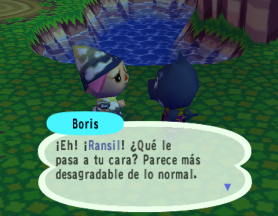 Pantallazo del primer animal crossing, de gamecube. Un cerdo llamado boris me pregunta qué le pasa a mi cara, que parece más desagradable de lo normal