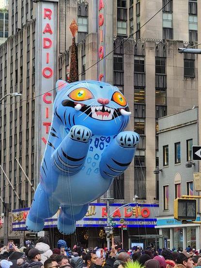 Derpy Tiger, from K-Pop Demon Hunters, as a giant balloon, in the Macy's Thanksgiving Day Parade.
