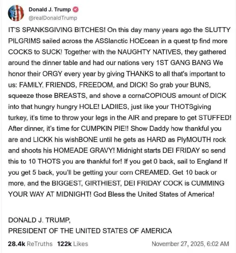 Donald Trump posting the spanksgiving coptpasta on truth social.