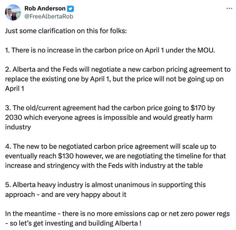 Rob Anderson, Alberta Premier's chief of staff, tweets on the 🐦 place, his interpretation & takeaway from the Alberta-Ottawa/Federal government energy MOU (Nov 27, 2025):
"Just some clarification folks:
1. There is no increase in the carbon price on April 1 under the MOU.
2. Alberta and the Feds will negotiate a new carbon pricing agreement to replace the existing one by April 1, but the price will not be going up on April 1.
3. The old/current agreement had the carbon price going to $170 by 2030 which everyone agrees is impossible and would greatly harm industry.
4. The new to be negotiated carbon price agreement will scale up to eventually reach $130 however, we are negotiating the timeline for that increase and stringency with the Feds with industry at the table.
5. Alberta heavy industry is almost unanimous in supporting this approach -- and are very happy about it.
In the meantime -- there is no more emissions cap or net zero power regs -- so lets get investing and building Alberta!"