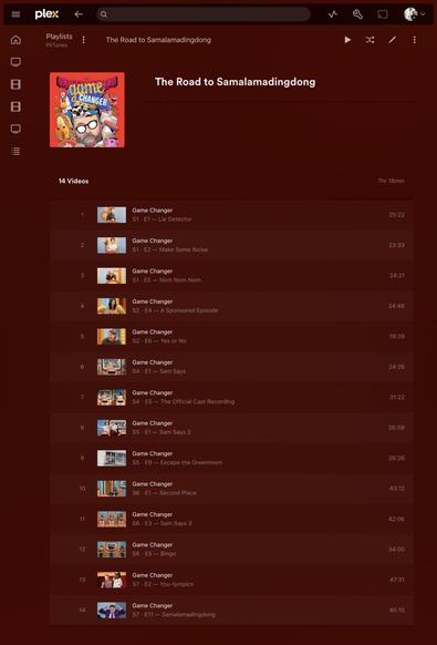 A screenshot of a Plex playlist called “The Road to Samalamadingdong”, containing all episodes of Game Changer referenced by Samalamadingdong, as a minimum required knowledge to get all the references and jokes from that episode