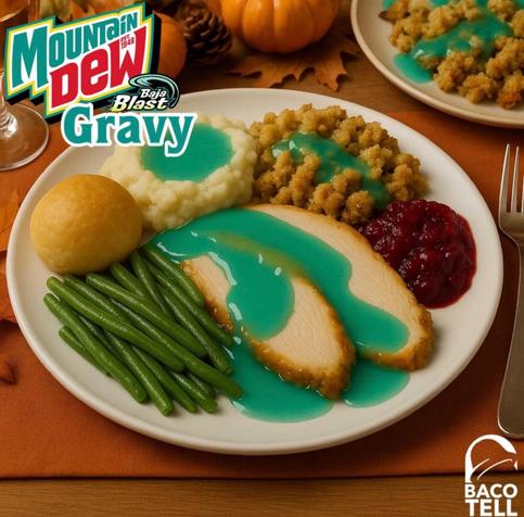 A traditional Thanksgiving dinner plate has been ruined (or elevated?) by bright turquoise Mountain Dew Baja Blast Gravy slathered over turkey, mashed potatoes, and stuffing. The unnatural neon blue sauce makes the meal look like a chemistry experiment gone rogue.