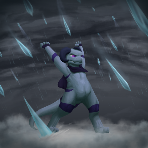 A blue kobold with arms raised standing in a snowy field. There are icicles falling from the sky, kicking up snow around him.
