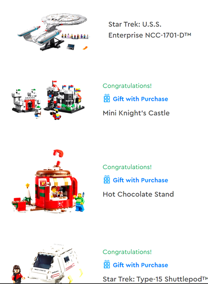 Screenshot of a LEGO receipt for the new Star Trek set.