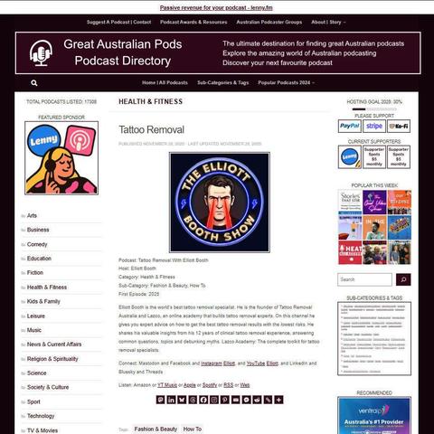 Tattoo Removal With Elliott Booth
Screenshot of the podcast listing on the Great Australian Pods website