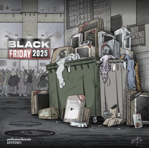 montones de productos tirados a la basura sin estrenar. y una multitud esperando a comprar mas.