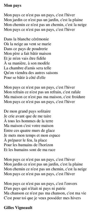 Texte de la chanson " Mon pays" de Gilles Vigneault