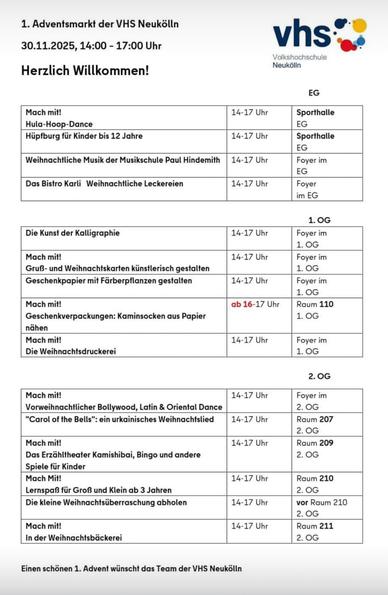1. Adventsmarkt der vhs Neukölln, 30.11.2025, 14:00 bis 17:00 Uhr, Zeitplan