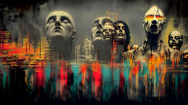 🇫🇷 Alignement de visages sculpturaux aux yeux éteints ou brûlants, se dressant devant une ville abstraite floue, avec des traînées rouge, orange et bleu comme des flammes ou des souvenirs qui persistent.
🇬🇧 Row of sculptural faces with extinguished or burning eyes, rising before a blurred abstract city, with red, orange and blue streaks like flames or lingering memories.