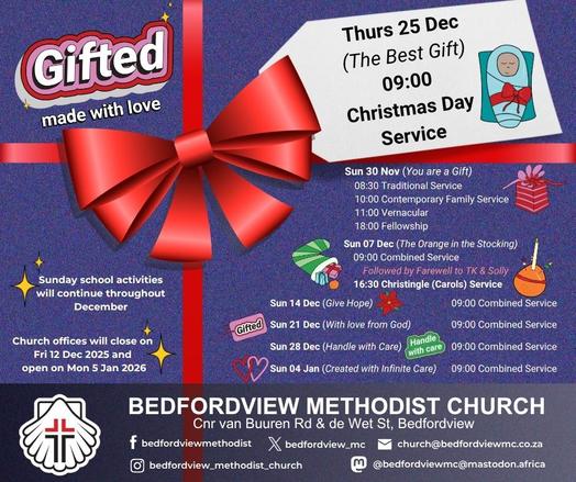 Announcement from BMC with services for December and early January. The background is a gradient of purple and pink. A large present with a bow is prominent in the upper center. Several smaller stars, Christmas trees, etc, are scattered throughout. The text reads: "GIFTED made with love", along with: "Thurs 25 Dec (The Best Gift) 09:00 Christmas Day Service", "Sun 30 Nov (You are a Gift) 08:30 Traditional Service 10:00 Contemporary Family Service 11:00 Vernacular 18:00 Fellowship", "Sun 07 Dec (The Orange in the Stocking) 09:00 Combined Service Followed by Farewell to TK & Solly 16:30 Christingle (Carols) Service", "Sun 14 Dec (Give Hope) 09:00 Combined Service", "Sun 21 Dec (With love from God) 09:00 Combined Service", "Sun 28 Dec (Handle with Care) 09:00 Combined Service", "Sun 04 Jan (Created with Infinite Care) 09:00 Combined Service". "Sunday school activities will continue throughout December" and "Church offices will close on Fri 12 Dec 2025 and open on Mon 5 Jan 2026".
