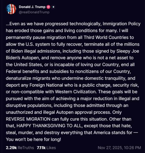 screenshot of trump post 11/28/2025 (From 11/27/2025) --- Part two of his crazy-train Thanksgiving post.