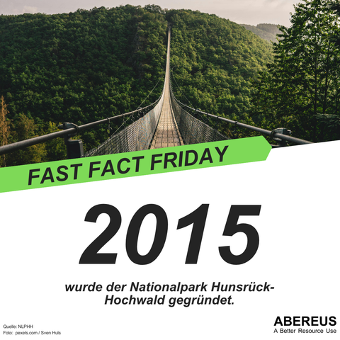 Auf dem Bild ist ein große Hängebrücke zu erkennen, die in über ein Tal auf einen anderen Berg führt. Außenherum ist alles voller grüner Bäume. Darunter steht, dass der Nationalpark Hunsrück-Hochwald 2015 gegründet wurde.