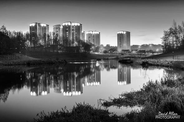 A monochrome late-evening rendition of high-rise flats at Gilley Law, Sunderland in NE England. Love how they reflect on the mirror-like surface of a nearby lake.