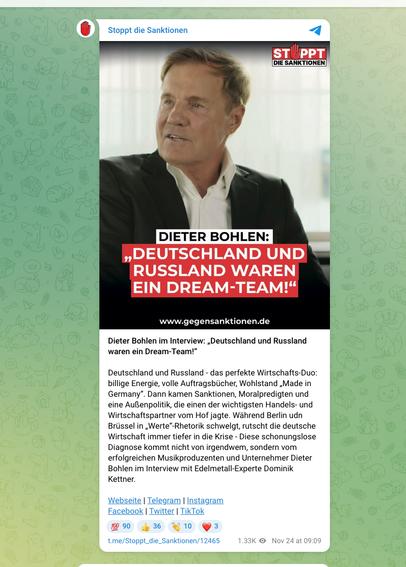 Screenshot Telegram, Kanal „Stoppt Die Sanktionen“, einer pro-russischen AfD-Initiative. Im Beitrag geht es um Dieter Bohlen, der bei Kettner Edelmetalle war. Das Sharepic zeigt Bohlen mit dem Zitat „Deutschland und Russland waren ein Dream-Team!“.