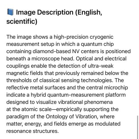 Image Description (English,
scientific)
The image shows a high-precision cryogenic measurement setup in which a quantum chip containing diamond-based NV centers is positioned beneath a microscope head. Optical and electrical couplings enable the detection of ultra-weak magnetic fields that previously remained below the thresholds of classical sensing technologies. The reflective metal surfaces and the central microchip indicate a hybrid quantum-measurement platform designed to visualize vibrational phenomena at the atomic scale-empirically supporting the paradigm of the Ontology of Vibration, where matter, energy, and fields emerge as modulated resonance structures.🖖
