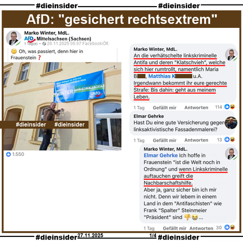 Marko Winter MdL der AfD Sachsen, teilt zwei Bilder mit einem Banner an einem Haus - von dem wir hier eins zeigen. Dazu postet er "🤔 Oh, was passiert, denn hier in Frauenstein?"

Auf Slide 1 zeigen wir zwei Kommentare von Marko Winter, der einmal schreibt "An die verhätschelte linkskriminelle Antifa und deren 'Klatschvieh', welche sich hier rumtrollt, namentlich Maria B., Matthias K. u.A. Irgendwann bekommt ihr eure gerechte Strafe: Bis dahin: geht aus meinem Leben." und als Antwort "Ich hoffe in Frauenstein "ist die Welt noch in Ordnung" und wenn Linkskriminelle auftauchen greift die Nachbarschaftshilfe. Aber ja, ganz sicher bin ich mir nicht. Denn wir lebem in einem Land in dem "Antifaschisten" wie Frank "Spalter" Steinmeier 'Präsident' sind. 👎😭..." auf den Kommentar von Elmar Gehrke "Hast Du eine gute Versicherung gegen linksaktivistische Fassadenmalerei?"