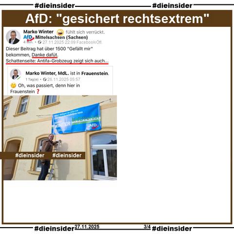 Auf Slide 3 zeigen wir den Post von Marko Winter MdL der AfD Sachsen auf seinem zweiten Profil. Hier teilt er den Post mit dem Banner und postet "Dieser Beitrag hat über 1500 "Gefällt mir" bekommen, Danke dafüt. Schattenseite: Antifa-Grobzeug zeigt sich auch..."