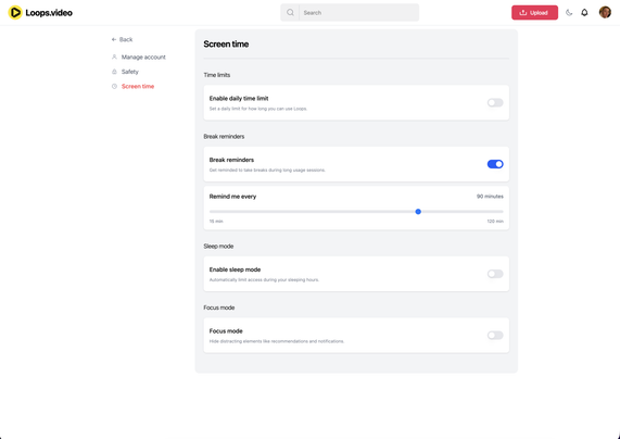 Screenshot of Loops Screen Time settings, a feature in development that will allow you to set limits on usage.
