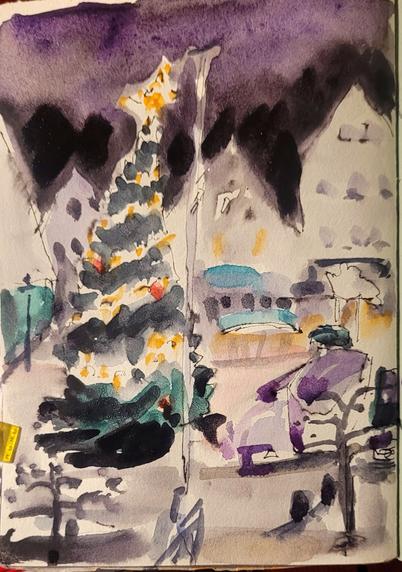 Aquarellskizze: ein kleiner Marktplatz im Dunkeln,  eine riesige Tanne mit Weihnachtsbeleuchtung verdeckt zum Teil die Fassaden im Hintergrund