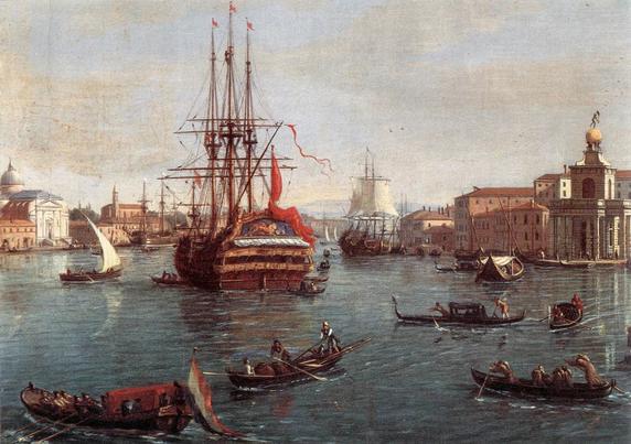Navire vénitien au début des années 1700 à l'ancre dans le bassin de San Marco (détail du bassin de San Marco par Gaspar van Wittel)