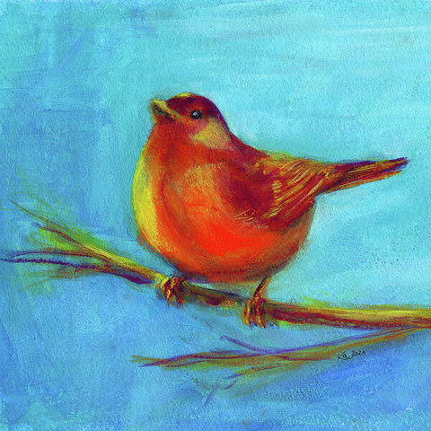 Golden bird of fantasy is an acrylic painting in contemporary square format painted by artist Karen Kaspar. A bird in bright tones of yellow, gold, orange and red sits on a branch against an abstract blue background.
The inspiration for this abstracted acrylic painting of a golden fantasy bird was a photograph I took of a great tit sitting in a bush in my garden in spring. I liked the pose of the bird but felt like painting something more colourful. So I decided to have some fun and - here is my golden fantasy bird.