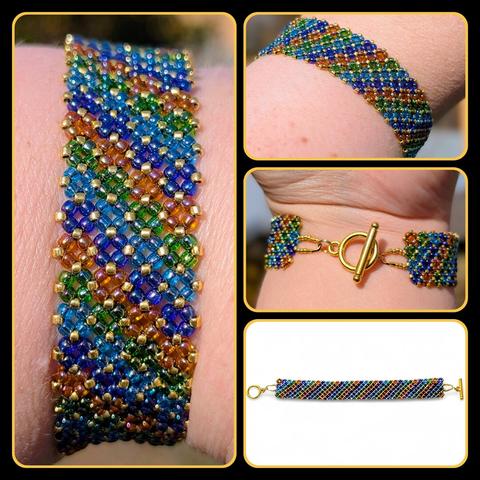 A photo collage of a bead-woven bracelet in orange, green, blue, purple, and gold with gold-colored hardware.