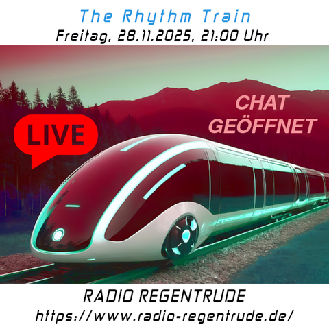 🇩🇪 Plakat zur heutigen Radiosendung mit LIVE-Moderation “The Rhythm Train mit Urmeline“. Bild (ohne Text): Pixabay, kein Bildquellennachweis erforderlich.
🇬🇧 Poster with details of today's radio show /w presenter „The Rhythm Train /w Urmeline“. Image (without text): Pixabay, no image creds needed.