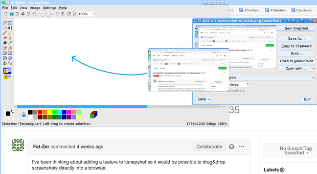 Screenshot showing an image being dragged from ksnapshot into KolourPaint