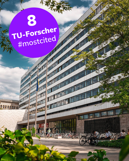 Großes Gebäude mit gläserner Frontansicht, davor Fahrradständer und umgeben von Bäumen. Link oben ist ein lilafarbener Kreis mit Text '8 TU-Forscher #mostcited'. Foto: Benjamin Eckert/TUBerlin