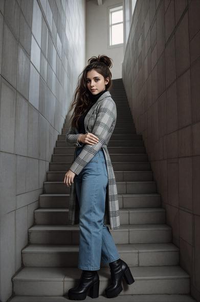 A fashionable young woman with long brown hair stands on a modern indoor staircase, wearing a plaid gray coat, blue wide-leg jeans, black turtleneck, and chunky black platform boots, with natural light streaming through a window above.