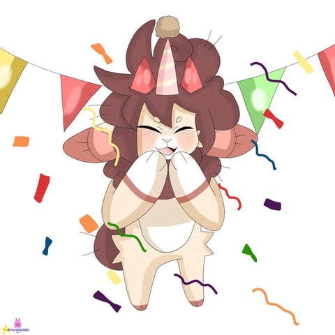 A drawing of a cream-colored sheep with a brown wool on his head and neck, two red horns on his head and white marking on his belly. Has his eyes closed and wears a pink birthday hat with light-yellow lines on it. Confetti are being blasted in front of him.