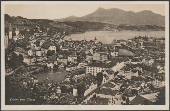 Monochrome real photographic postcard showing a panoramic view of Lucerne or Luzern in Switzerland, seen from the Hotel Château Gütsch.

Published by Guggenheim & Co, Zürich, No 11887 K.

Postally unused, but with message, dated 25 August 1930, and address of Mrs N.B. Morris, Holly Close, Hatfield, Hertfordshire.

Good condition, with very slight corner bumps, but very light bend to bottom right.