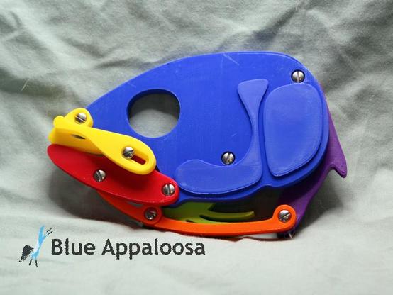 A 3d printed model for demonstrating the cranial kinesis (movement) of a fish skull, with different parts in different colors. Watermark reads: Blue Appaloosa