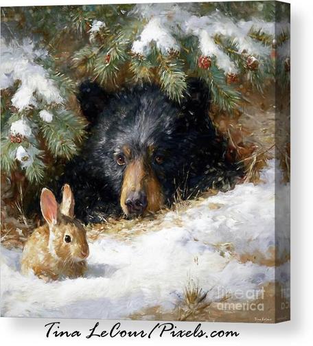 This is a canvas of a black bear laying under a pine tree with a bunny near his side in the winter snow.