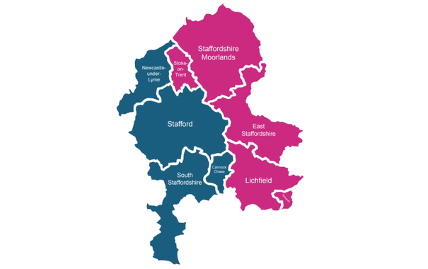 A map of the proposed unitary authority East-West split areas
