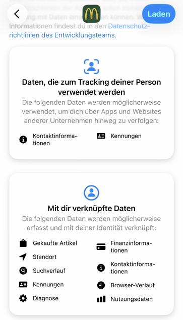 Datenschutzangaben der McDonald‘s-App im Apple AppStore