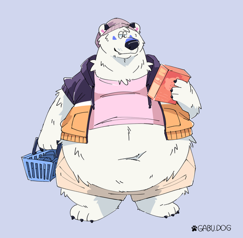 Art of Gabu, a big fat polar bear. It's holding a grocery store basket in one paw and is looking at a box of cereal of some sort in its other paw. 

Its belly is absolutely huge and round and it's wearing an orange and black zip hoodie that wouldn't fit it zipped up, a pink t-shirt underneath, beige shorts and a grey beanie.