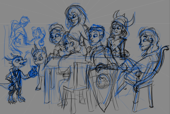 A sketch of a kobold offering a quest (gold and a map) to a table - consisting of the D&D cartoon kids, including the unicorn, Uni.