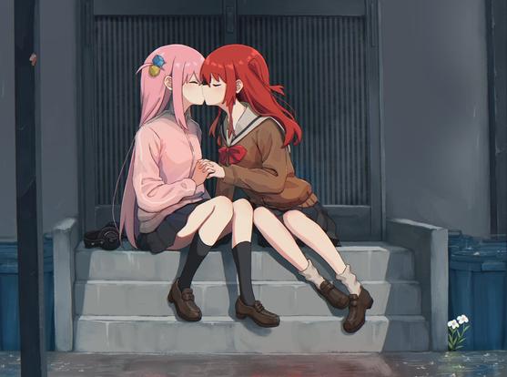 Danbooru tags: 2girls akg_k-series_headphones black_skirt blush bocchi_the_rock! closed_mouth commentary_request couple cube_hair_ornament flower gotoh_hitori hair_ornament headphones headphones_removed highres holding_hands interlocked_fingers jacket kiss kita_ikuyo kneehighs krill55 long_hair multiple_girls outdoors pink_hair pink_jacket pleated_skirt red_hair sailor_collar school_uniform serafuku shirt sidelocks sitting sitting_on_stairs skirt socks stairs white_flower yuri