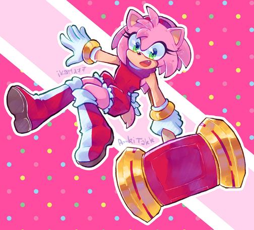 Amy jumping in the air in a cute pose and with a smile, holding her hammer with one hand. Her outfit is a little different, her dress replaced with a romper with puffy shorts with frills.