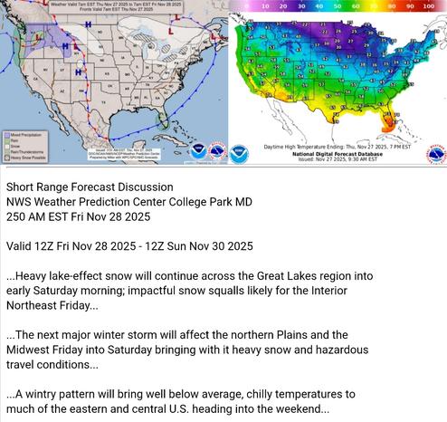 Valid 12Z Fri Nov 28 2025 - 12Z Sun Nov 30 2025

...Heavy lake-effect snow will continue across the Great Lakes region into
early Saturday morning; impactful snow squalls likely for the Interior
Northeast Friday...

...The next major winter storm will affect the northern Plains and the
Midwest Friday into Saturday bringing with it heavy snow and hazardous
travel conditions...

...A wintry pattern will bring well below average, chilly temperatures to
much of the eastern and central U.S. heading into the weekend...