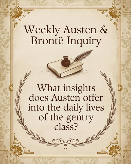 Medium beige color with a decorative rectangular frame. At the top of the image, in dark brown text, it says "Weekly Austen & Bronte Inquiry." Below that is an illustration of a quill pen and an ink pot on top of a book. In the middle of the image, also in dark brown text, it says, "What insights does Austen offer into the daily lives of the gentry class?"