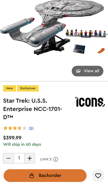 Screenshot of the LEGO homepage, showing the U.S.S. Enterprise model, which became available today, already being on backorder at 7:30 in the morning.