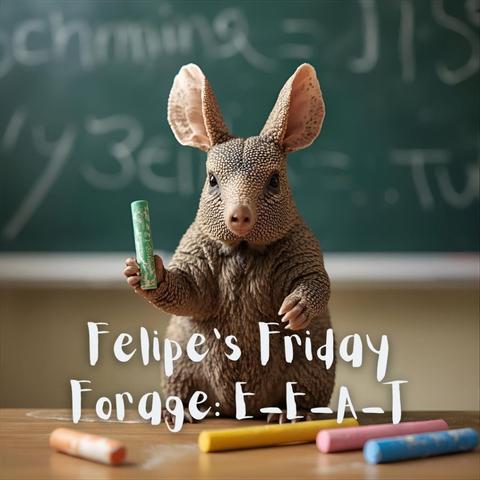 Armadillo with chalk in classroom, promoting Felipe's Friday Forage: E-E-A-T in front of a chalkboard.